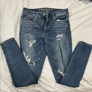 American Eagle Outfitters Blue Skinny Jeans with Distressed Details
